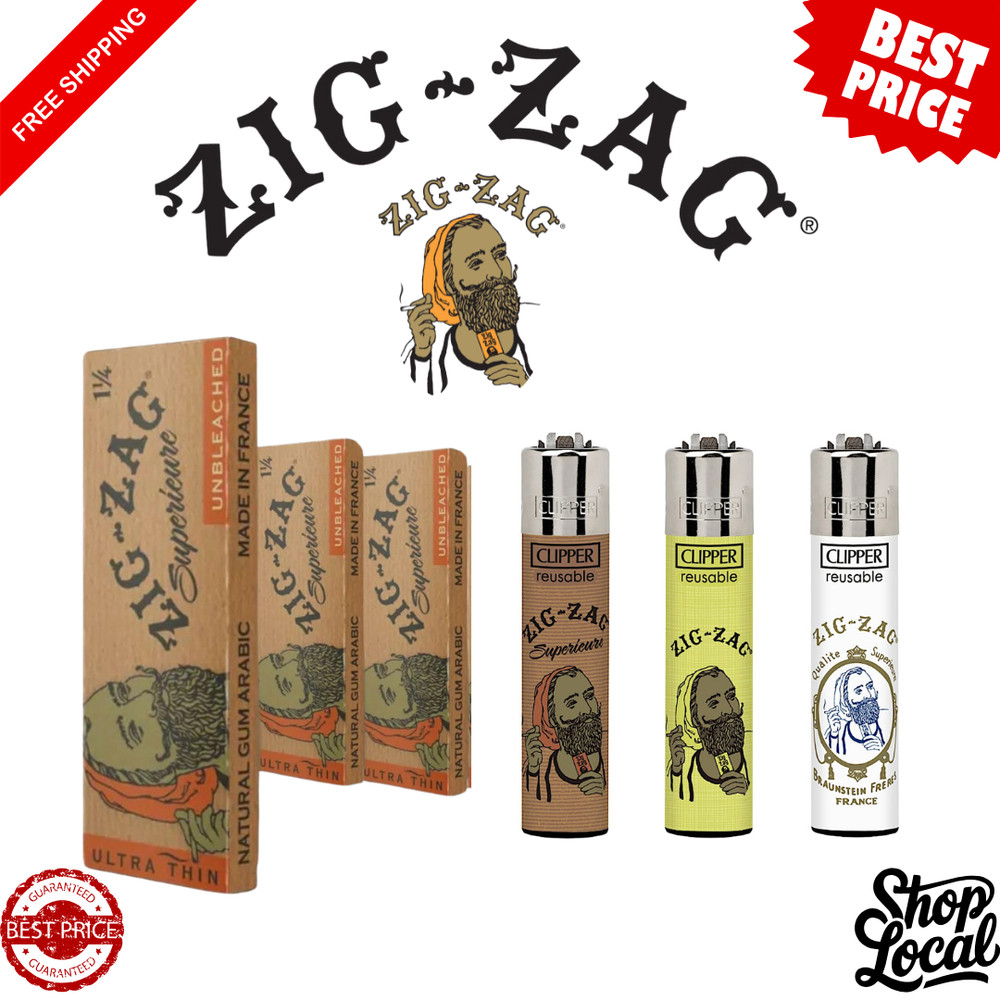 ZIG-ZAG Rolling Papers 1 1/4Unbleached 3 pks + 3 Clipper Lighter