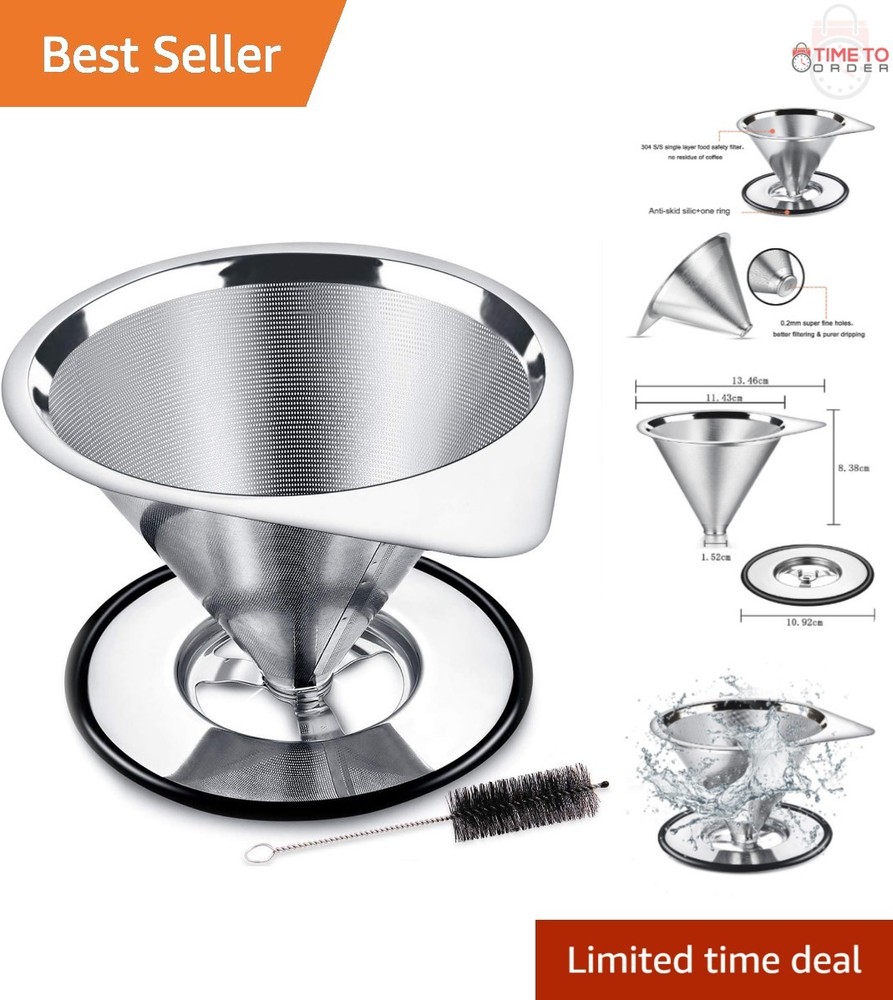 Stainless Steel Pour Over Coffee Dripper Cone Filter Reusable Single Cup with...