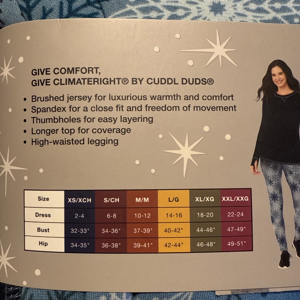 Cuddl Duds ClimateRight Base Layer Top & Legging Set BLUE 2-Piece Size M