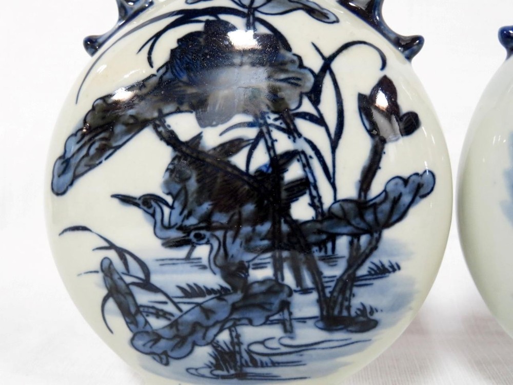 Pair of 6.5" Blue & White Moon Flask, Pilgrim Bottles - Same Stamp Underneath