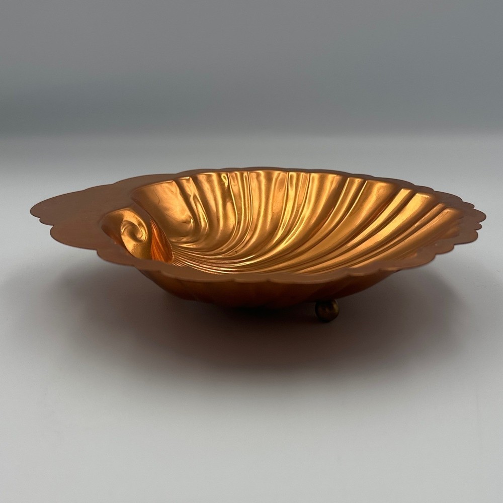 Vintage Solid Copper Scalloped Shell Trinket Brass Footed Dish