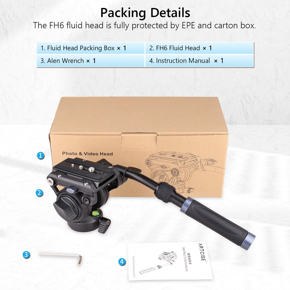 ARTCISE Tripod Head Heavy Duty Video Camera Fluid Head Drag Pan Head W/ Handle