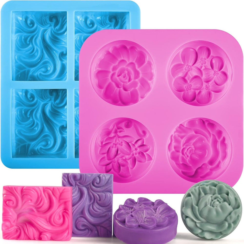2 Pack Silicone Soap Molds, 4 Cavities Rectangle Wave and round Flower Silico...
