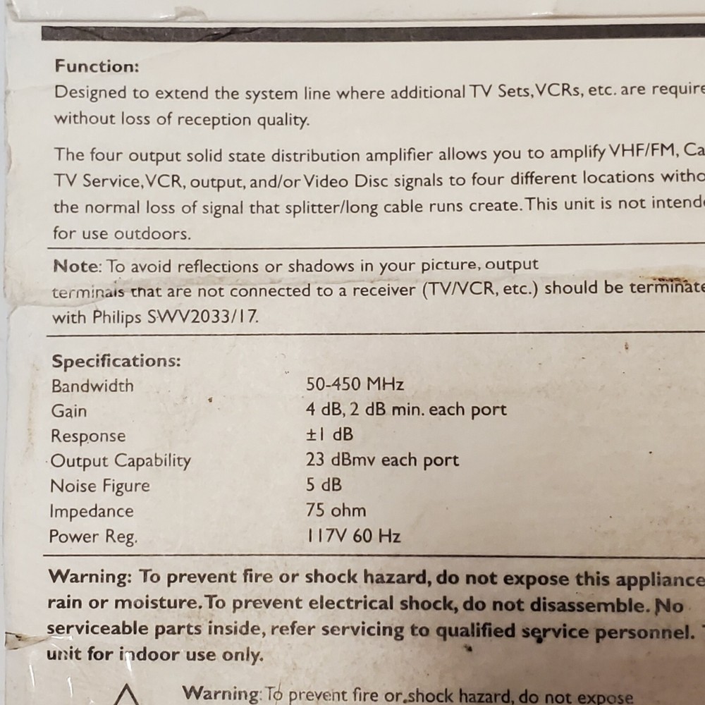 PHILLIPS 10 db 4-way output Distribution Amplifier Open Box NOS