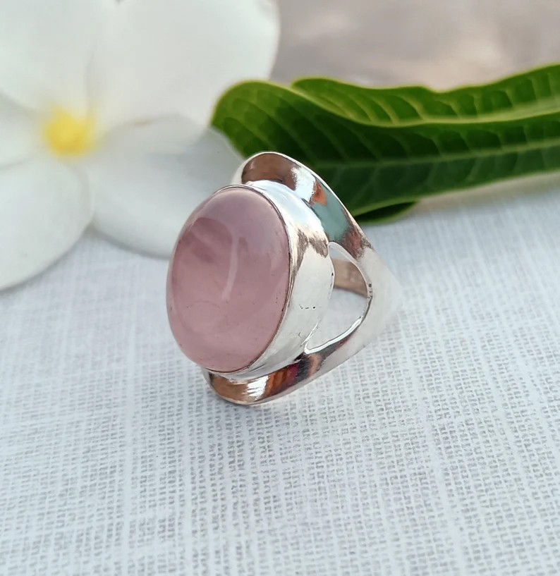 Solid 925 Sterling Silver Natural Rose Quartz Oval Pink Gemstone Geometric Ring