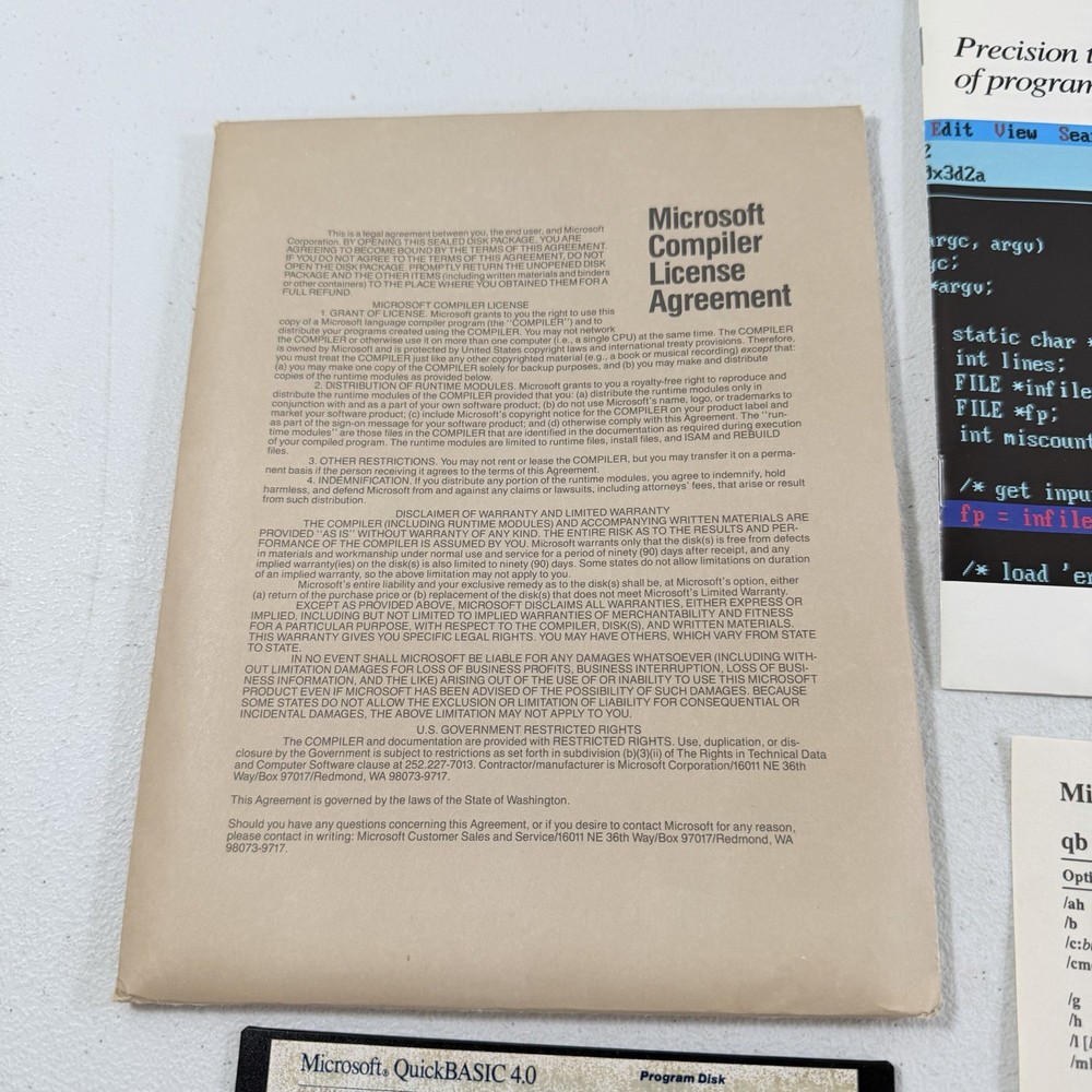 Vintage Software Microsoft Quick Basic 4.0 5.25" Diskettes