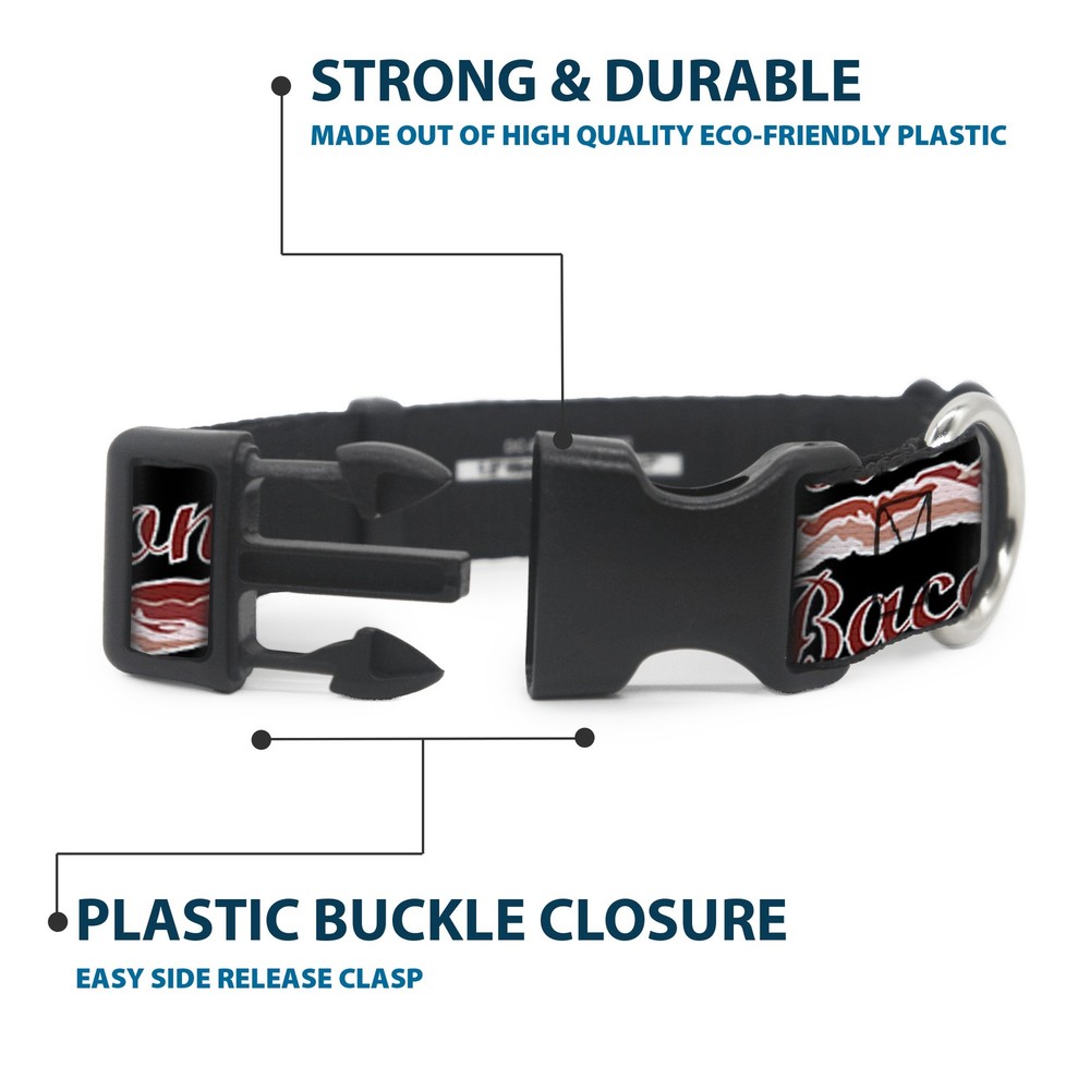 Plastic Clip Collar BACON Baseball Script NARROW-Large 9.5-14.5"