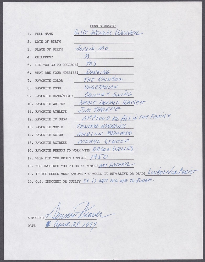 DENNIS WEAVER - QUESTIONNAIRE SIGNED 04/28/1997