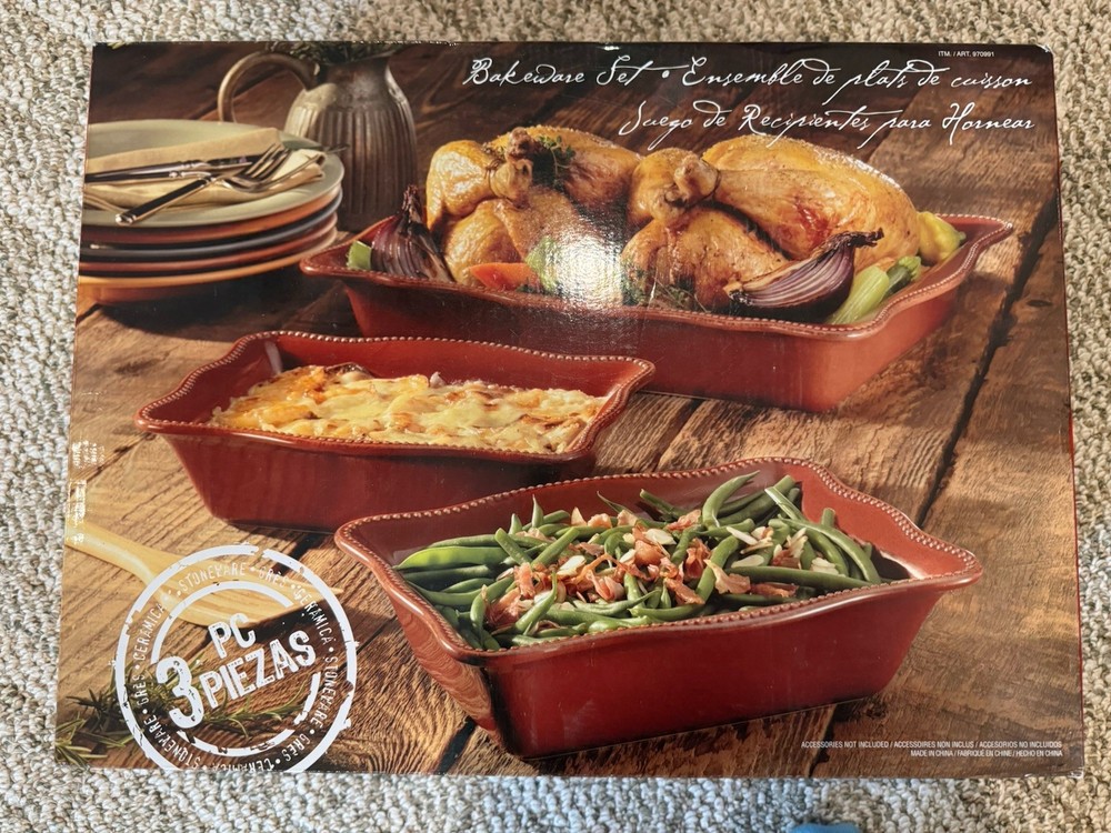 Three-Piece Red Ceramic Stoneware Rectangular Wavy Edge Baking Dish Set