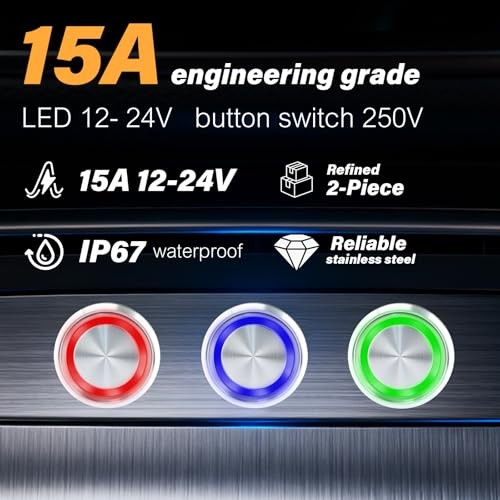 15Amp Push Button Switch，(0.75") 12V-24V Latching Push Button Switch 19mm Red