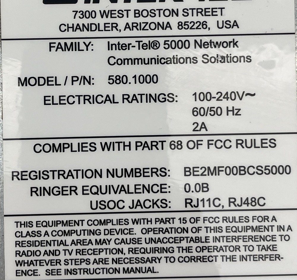 Inter-Tel/Mitel 5000 Main Cabinet 580.1000