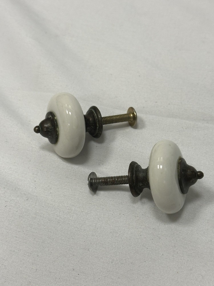 Vintage White Ceramic Drawer Pulls (Set of 2) Antique Brass Hardware Knobs
