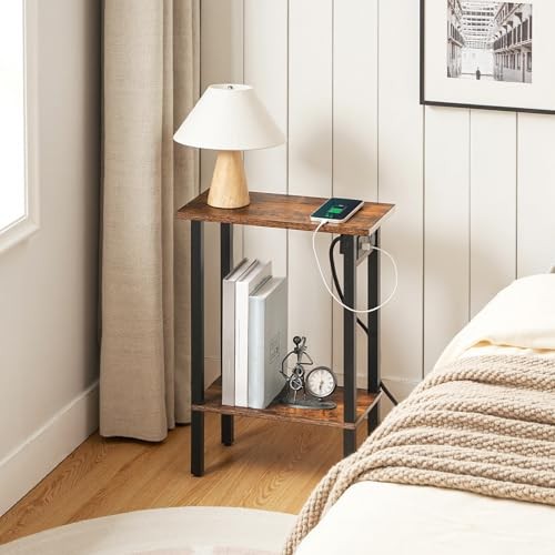 Narrow Side Table, 2-Tier Slim End Table with Charging 1 Rustic Brown + Black