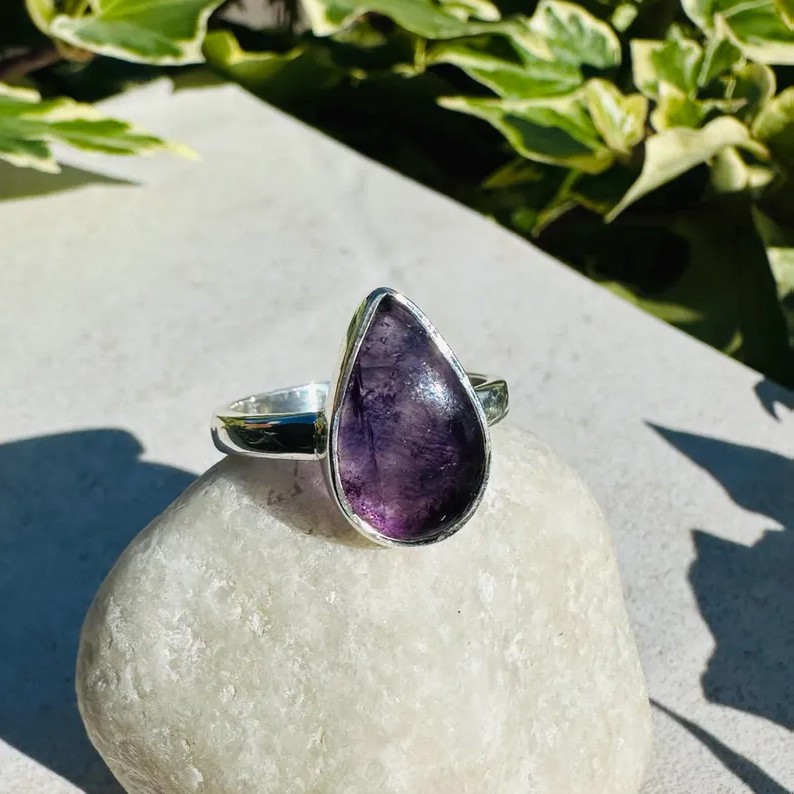 Solid 925 Sterling Silver Natural Purple Blue John Teardrop Stone Handmade Ring