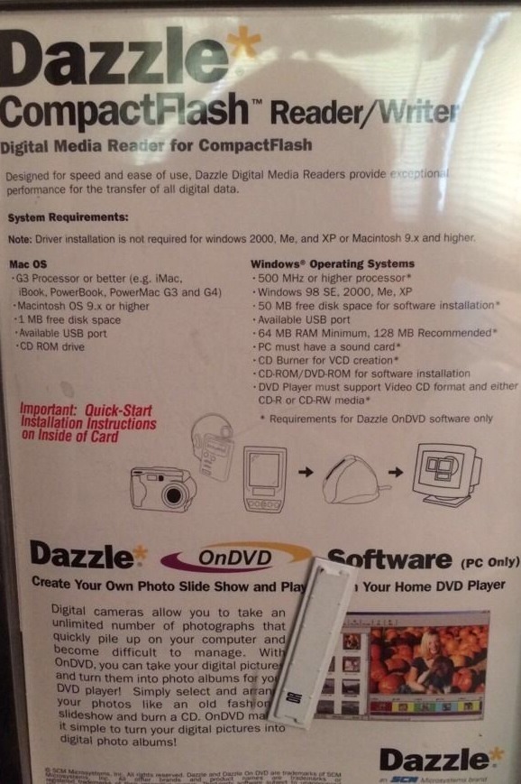 Dazzle Compact Flash Reader/Writer Digital Media Reader Software DM-8000 NEW