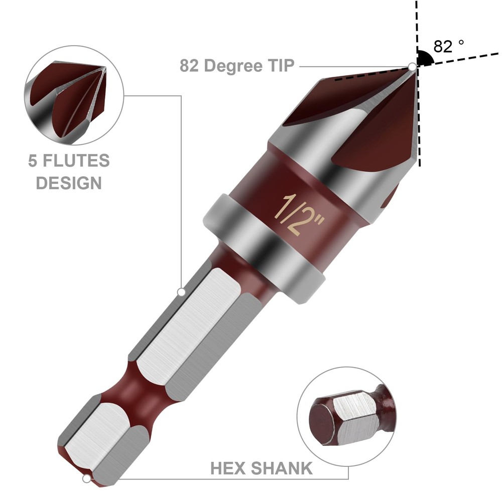 Countersink Drill Bit, 5PCS 82 Degree HSS 1/4"-3/4" with 1/4" Hex Shank...