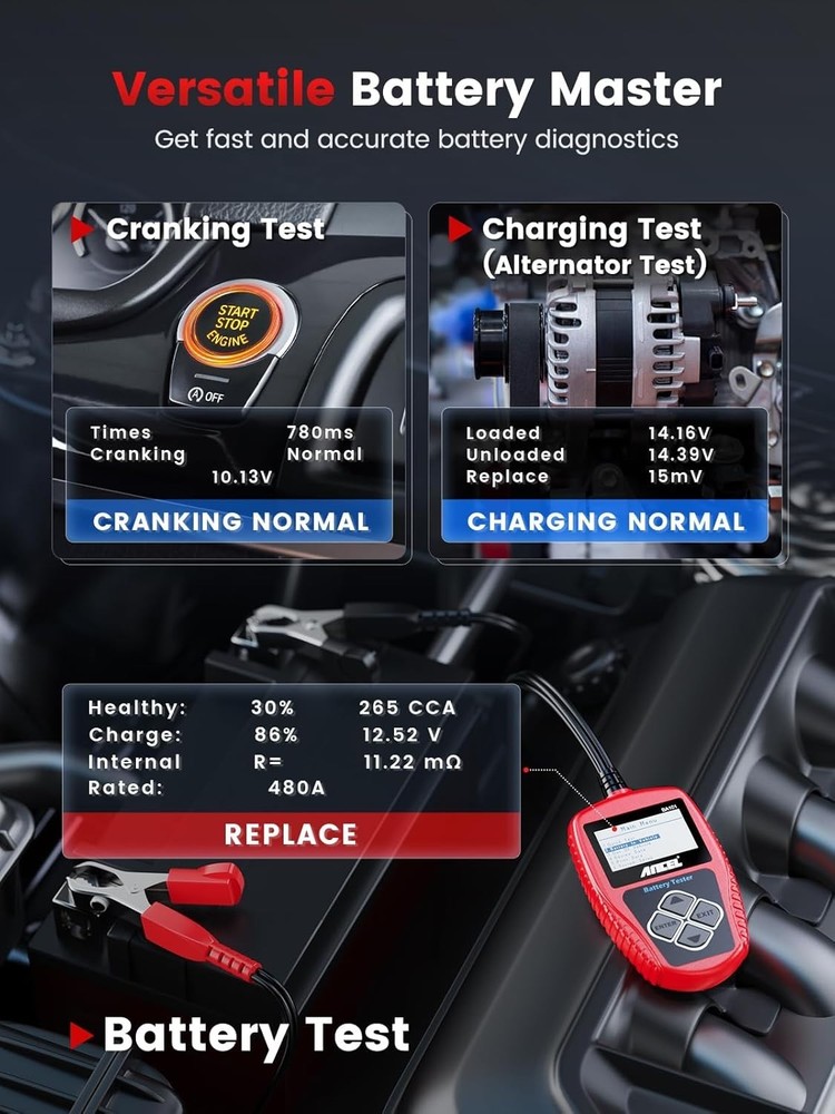 Powerful 12V Automotive Battery Tester with Multi-Language Support