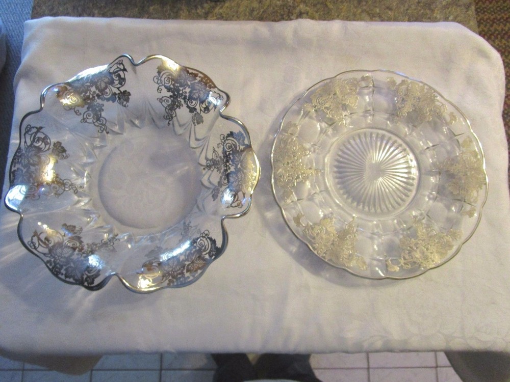 Beautiful set grape leaf design SILVER OVERLAY platter & MATCHING BOWL