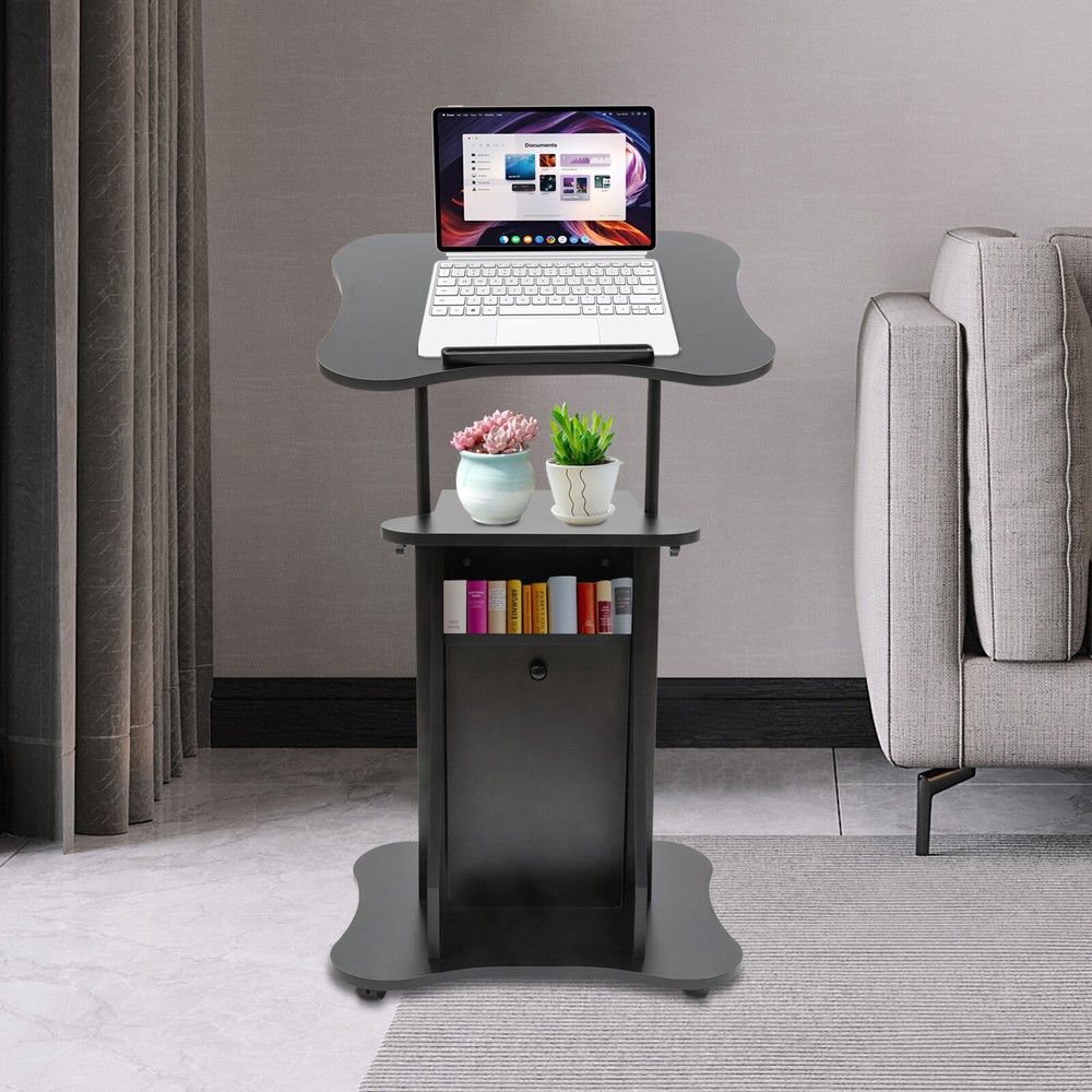 Height Adjustable Mobile Laptop Podium with Tilting Top & Storage Cabinet