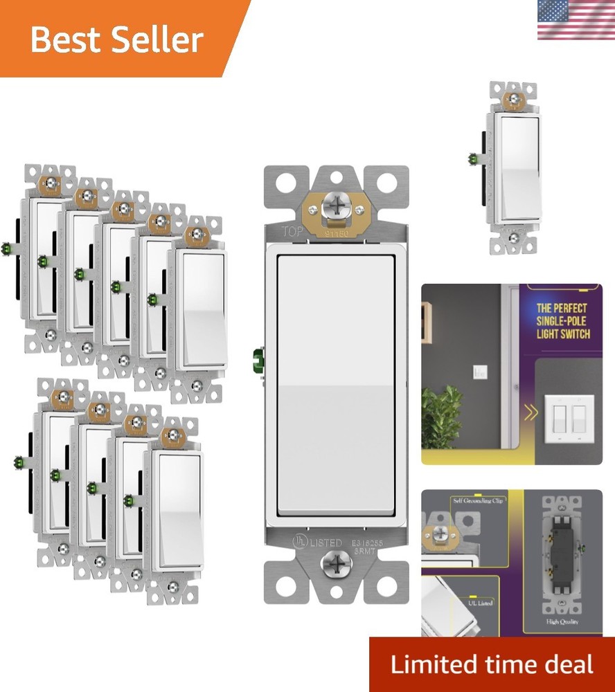 Decorator Paddle Rocker Light Switch, Gloss Finish, Single Pole, 3 Wire, Grou...