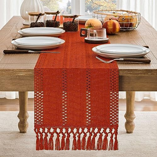 Macrame Style Boho Table Runner, Burnt Ochre Fall Table 12x48 Inch Dark Orange