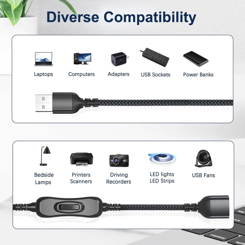 Itramax USB On Off Switch Cable,USB Extension Cable Support 6.6FT/2M, Black