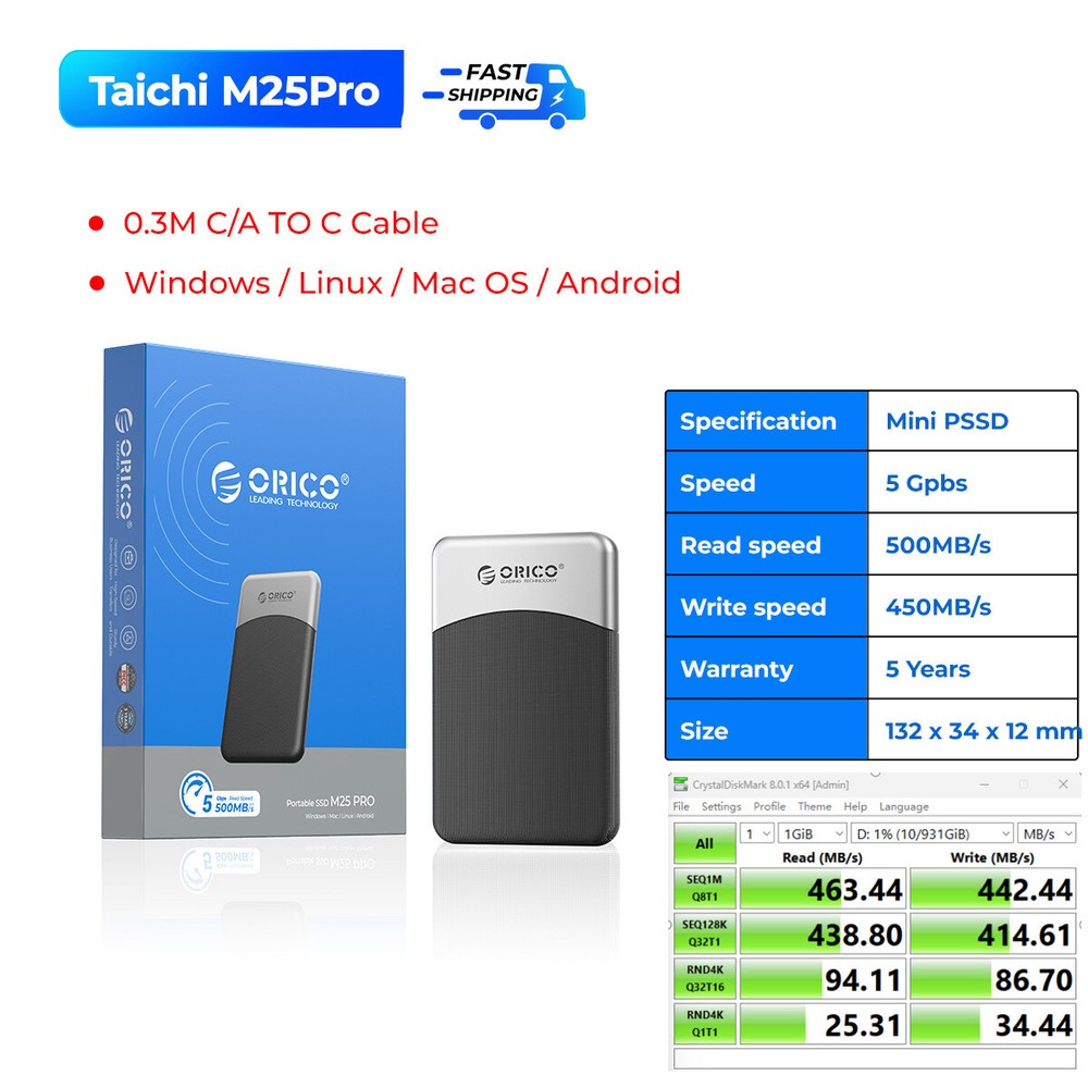ORICO 2TB Portable SSD 500MB/S 2.5 inch External Solid State Drive USB 3.2