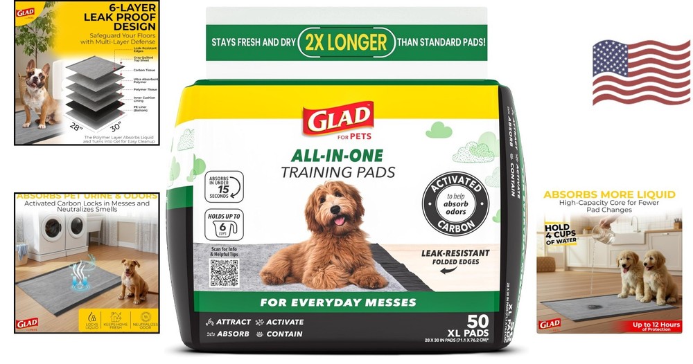 XL Disposable Charcoal Dog Pads – 50 Count, Six Layer Odor Control & Absorbency
