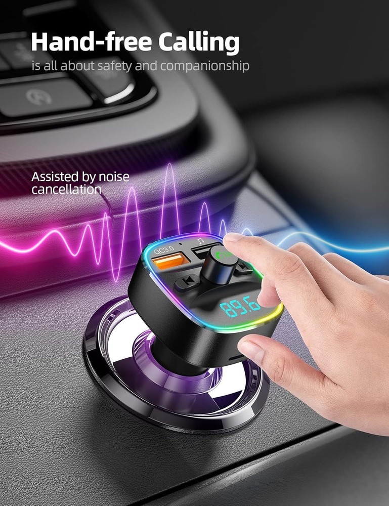 Crystal Clear Bluetooth FM Transmitter with 7 Color LED Backlight Options