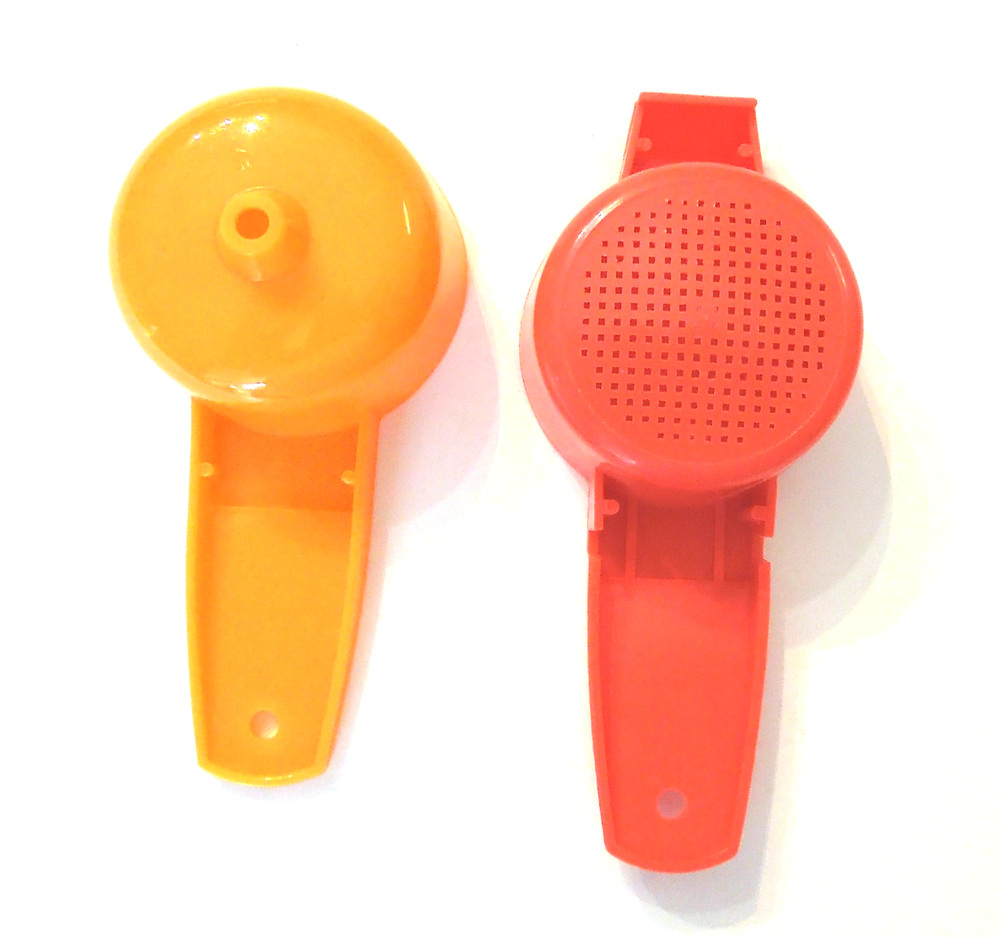 Tupperware set 2 vtg mini STRAINER/SIFTER  mini FUNNEL  gadget yellow red  tea