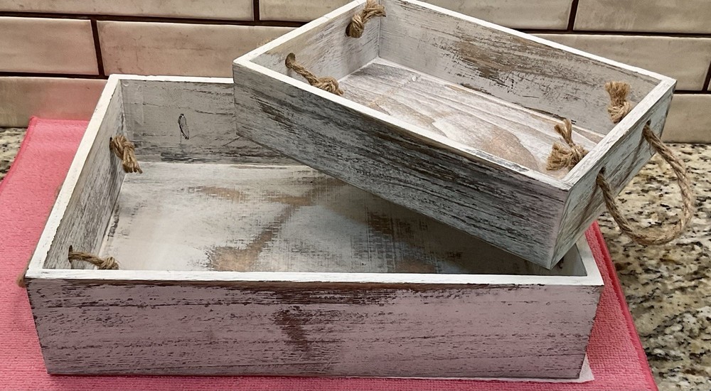 Set of 2 Whitewashed Wood Rectangular Boxes With Rope Handles
