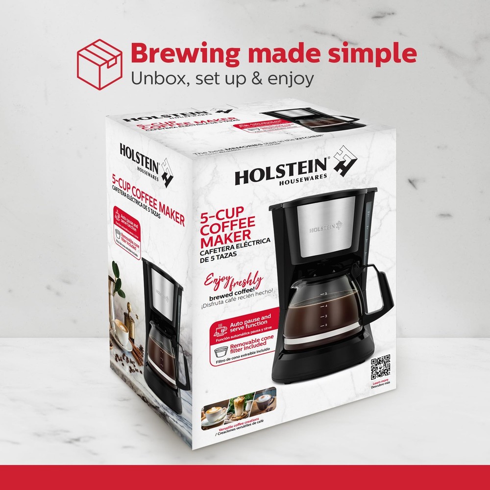 Holstein Housewares 5 Cup Drip Coffee Maker – Compact and 5 Cup, Black