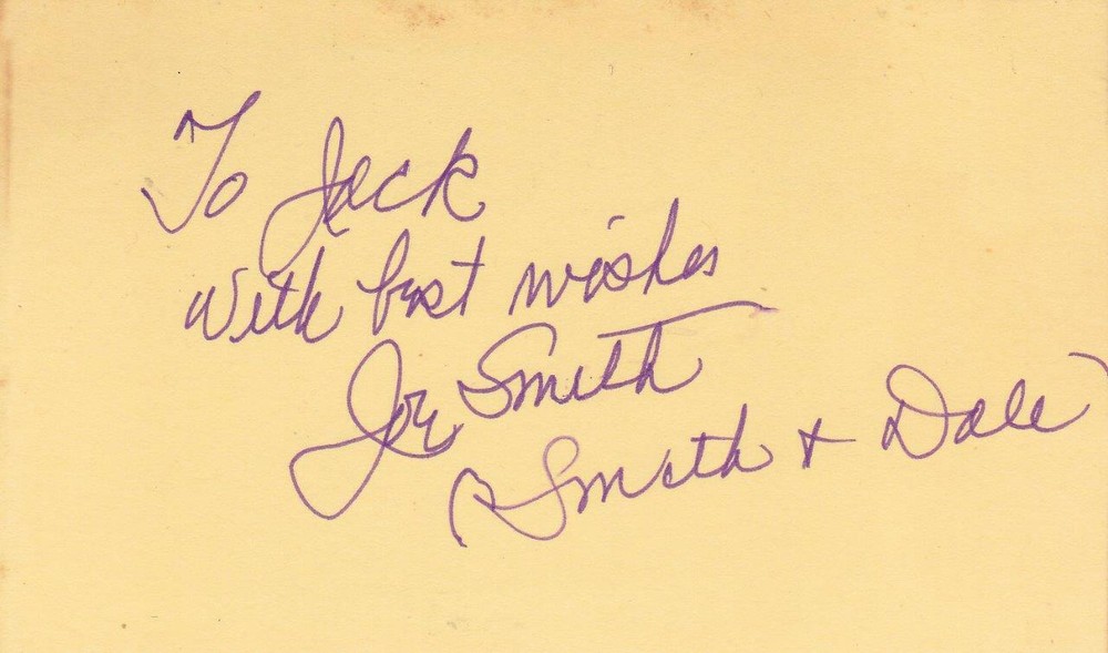 JOE SMITH d 1981 Signed To Jack 3X5  Index Card Comedy Duo/Smith & Dale COA