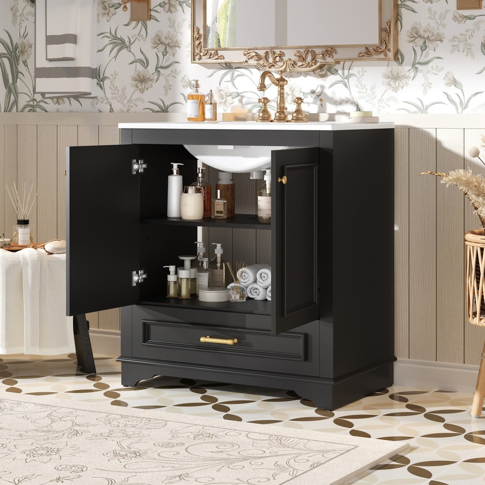 30" Luxurious Bathroom Vanity w/Ceramic Sink, Solid Wood Frame Storage Cabinet