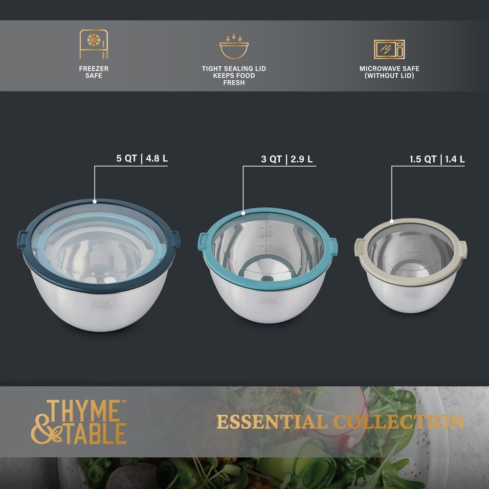Thyme & Table 6-Piece Nesting Mixing Bowl Set with Easy Grip Transparent Lids