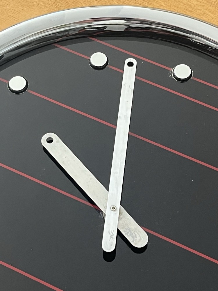 Vintage Peter Pepper Wall Clock Chrome Black Red Stripe Postmodern Corporate Era