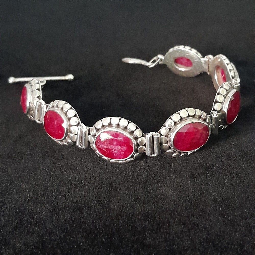 925 Sterling Silver Red Ruby Oval Faceted Panel Link Bracelet Toggle