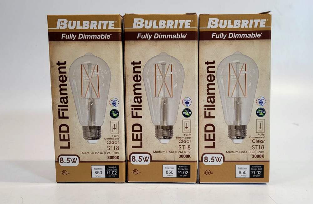 3 Pack Bulbrite 776769 LED Filament Clear Bulb 8.5W =60W Dimmable ST18 E26 3000K