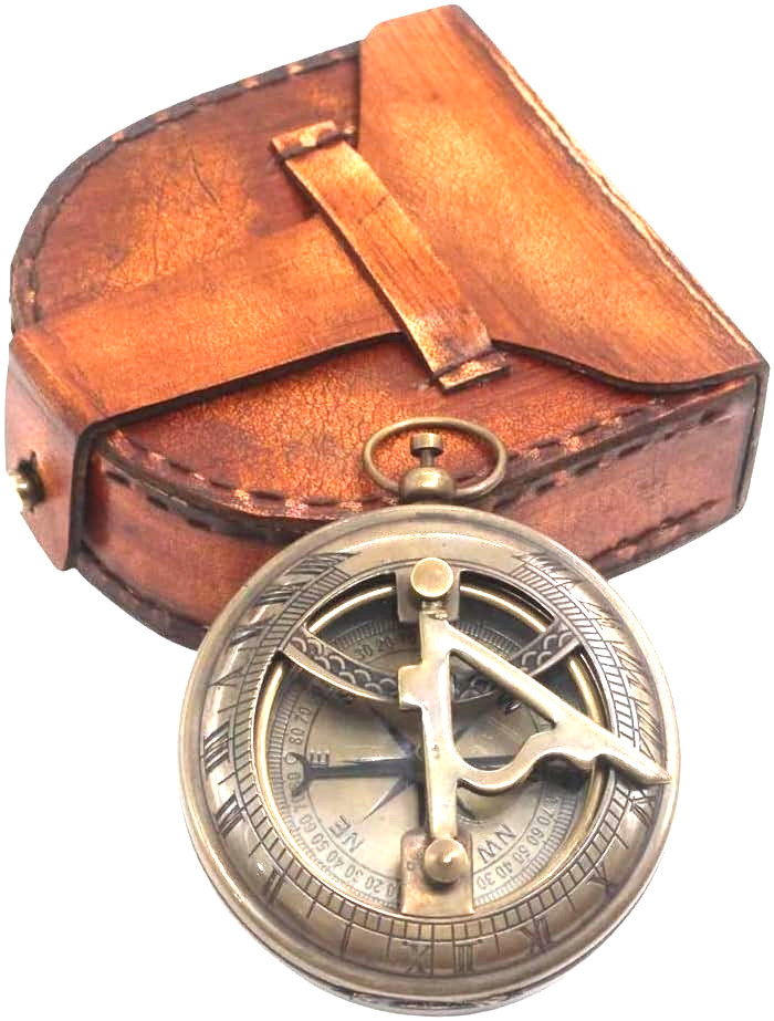 Vintage Brass Sundial Compass with Chain and Leather Case Nautical Style