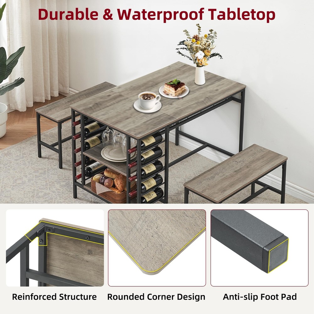 Dining Table Set for 4 Kitchen Table & 2 Benches ,Wine Rack, Storage Shelf ,Grey