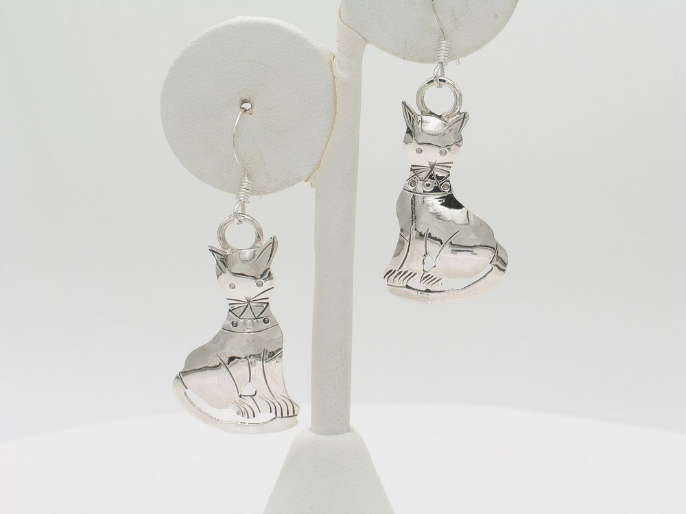 Native American Navajo Handmade Sterling Silver Dangle Cat Earrings