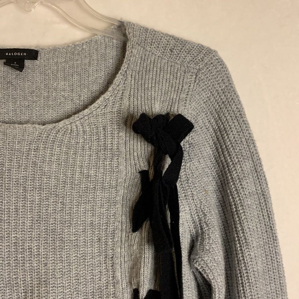 Halogen Wool Blend Pullover Gray Sweater Black Lace Up Size Small Petite