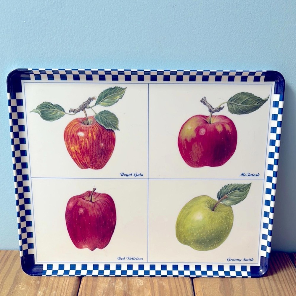 Apple Design Checkered Border White Blue Red Tray Kitchen Decor Made in Italy !