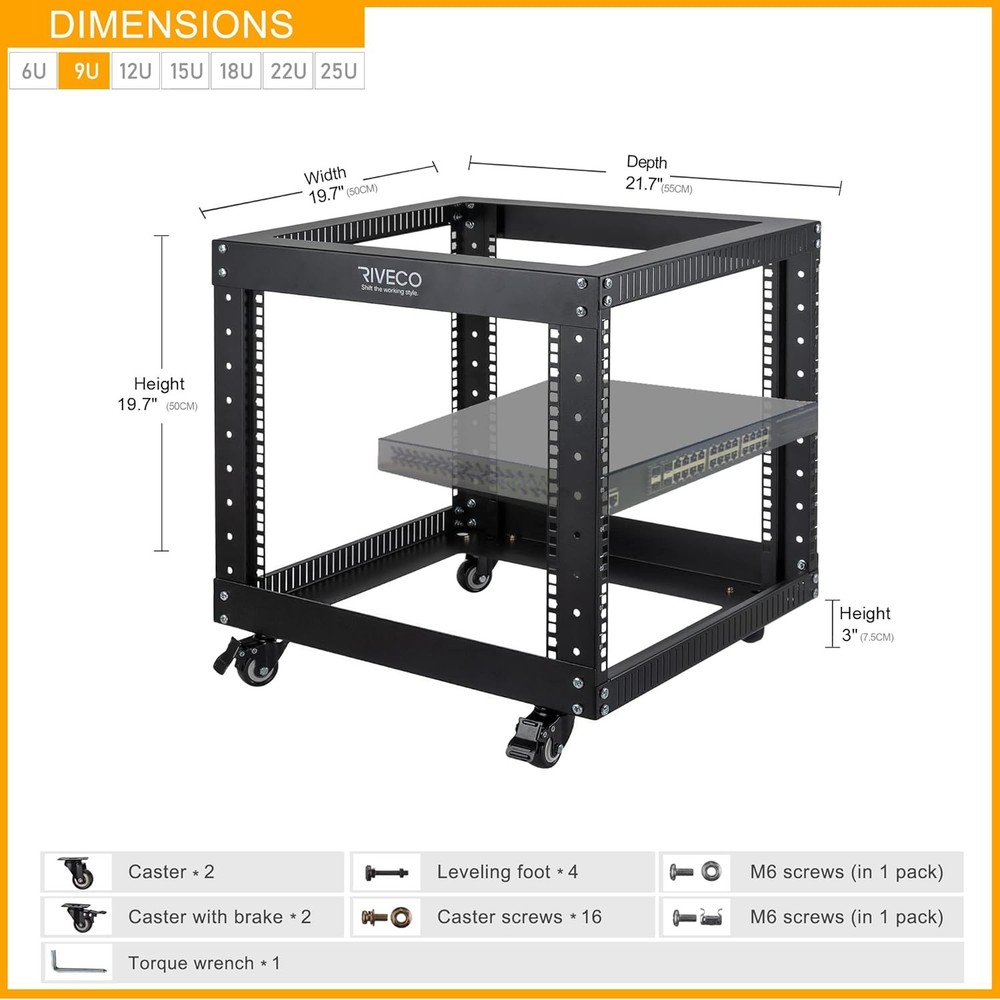 9U Open Frame Server Rack 19 Inch with Casters Quick