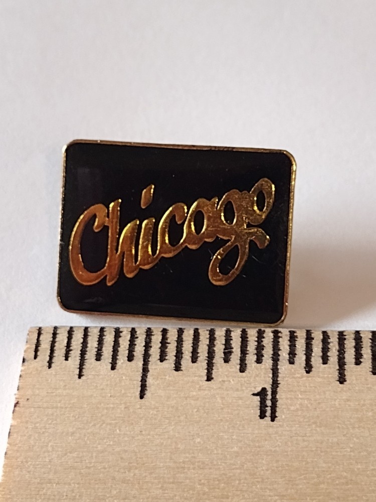 CHICAGO Gold Toned Cursive Lettering Black Rectangle Lapel Tack Pin