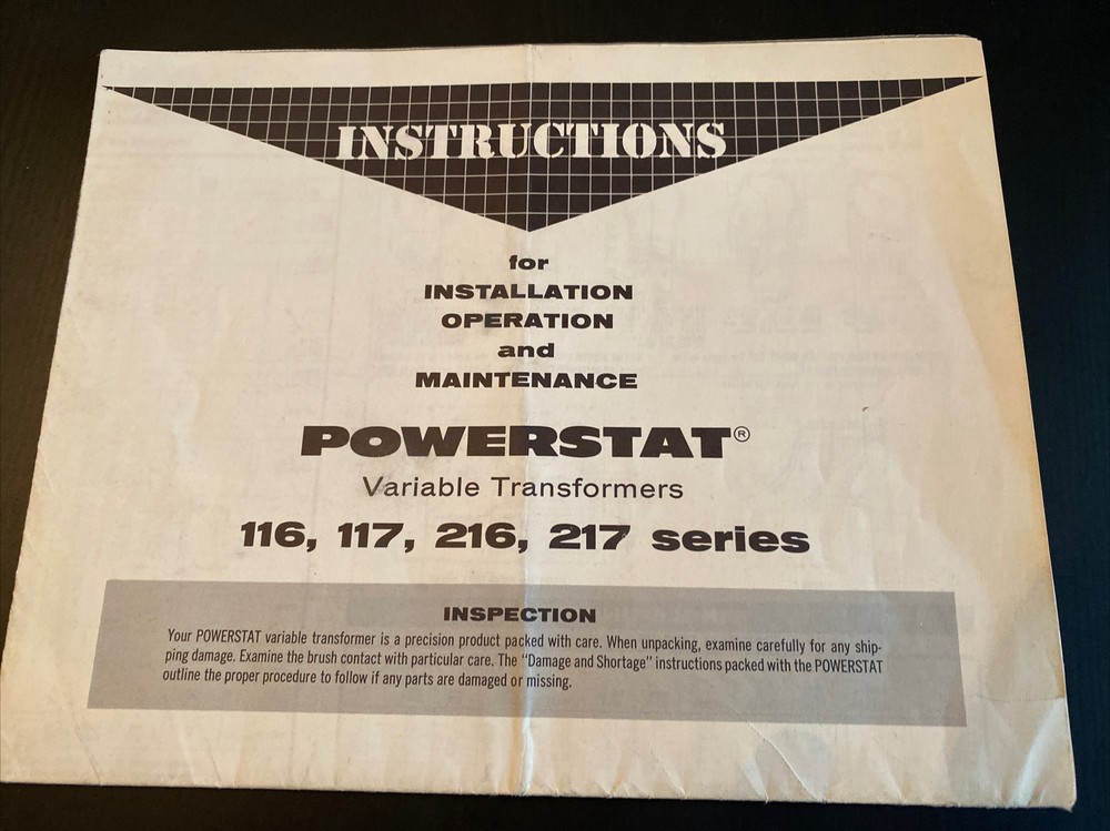 Vtg & Original POWERSTAT VARIABLE TRANSFORMER Instructions 116, 117, 216 217 EUC