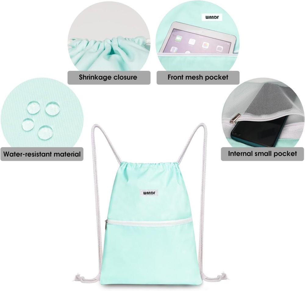 WANDF Drawstring Backpack String Bag Sackpack Cinch Water Mint Green