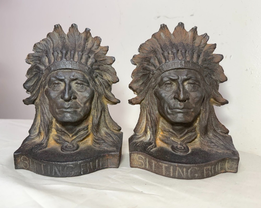 Pair antique Sitting Bull solid cast iron figural native american chief bookends