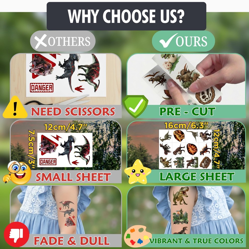 96PCS Dinosaur Temporary Tattoos Stickers - Medium,