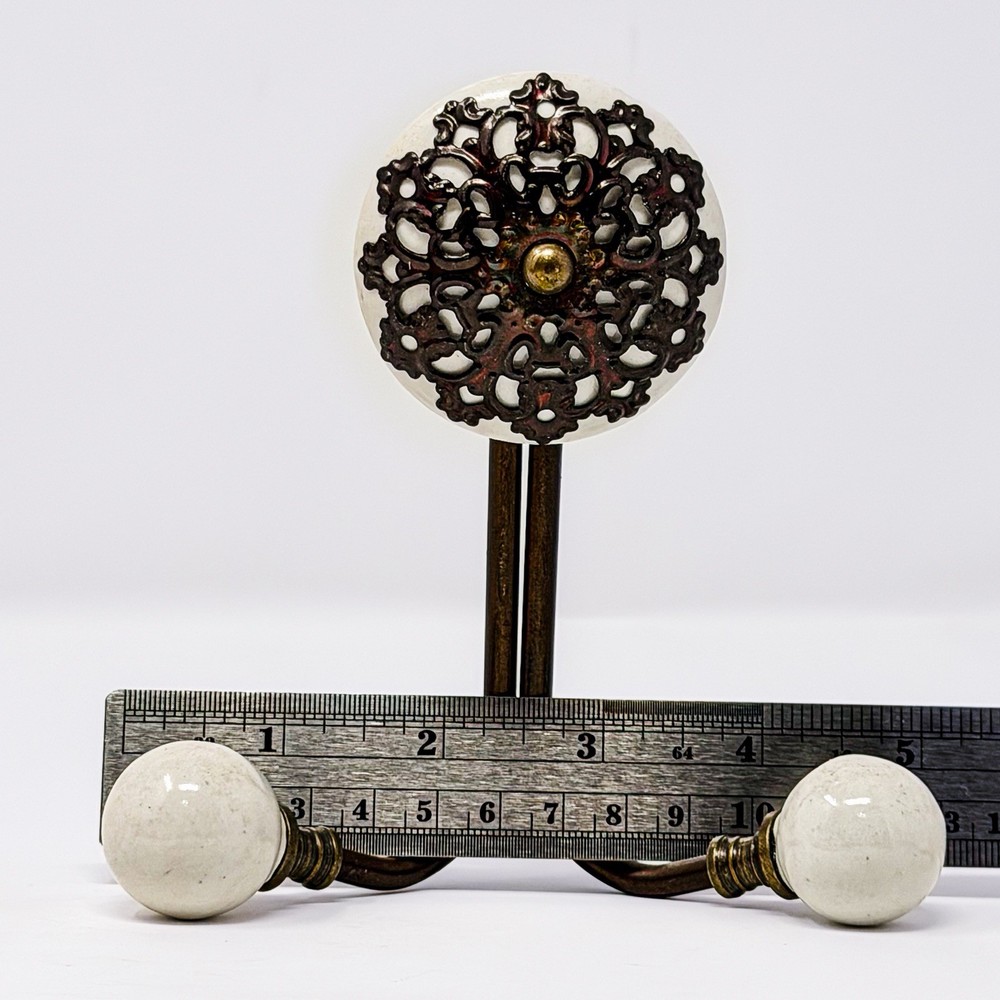 Ornate Brass Double Wall Hook White Ceramic Knobs Rustic Cottage Decor